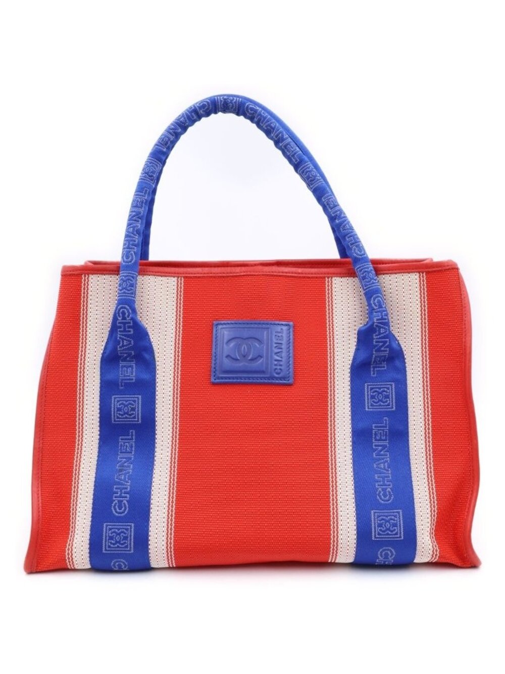 Chanel Sports Line CC Logo Leather Patch Canvas Tote Red Blue